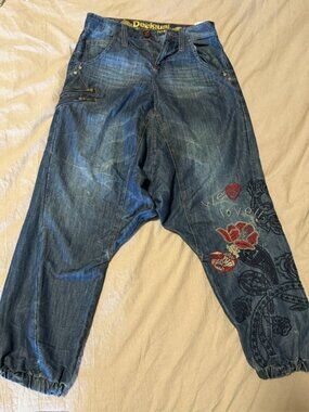 Desigual Y2K Blue low crotch Harem pants Trousers Jeans Denim love size 26 small